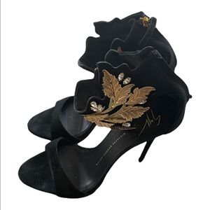 Giuseppe Zanotti Suede Crystal Embellished Gold Leaf Ankle Strap